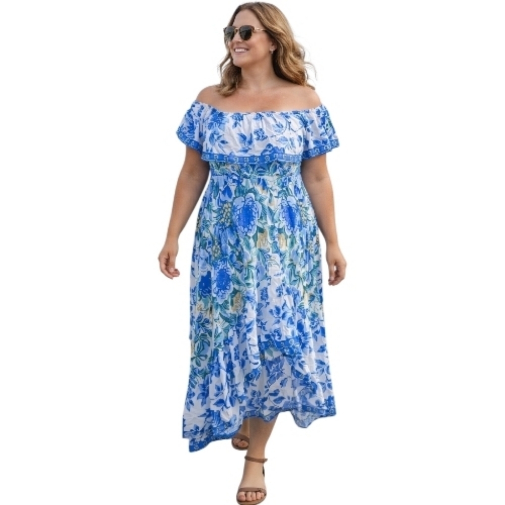 FLYING TOMATO rayon Bohemian floral high low hem summer dress large off shoulder